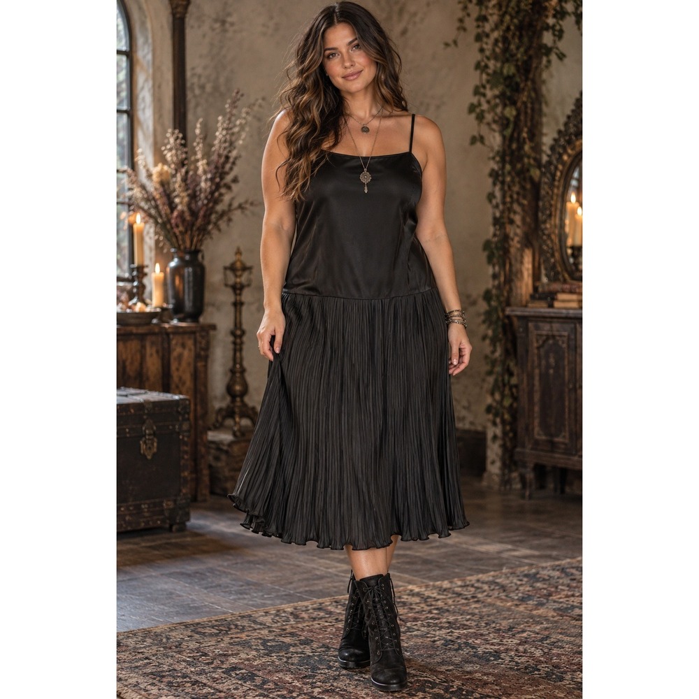Karen Lawrence Satin Drop Waist Pleated Midi Slip Dress Sz 18 Whimsigoth Witchy